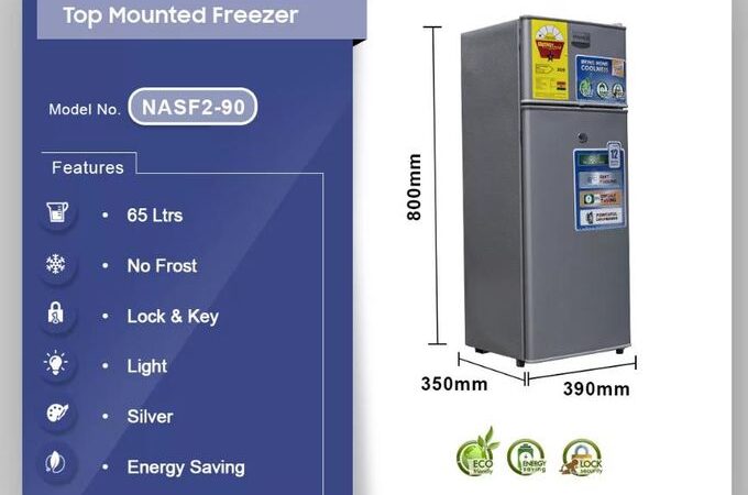 Efokeke | Nasco NASF2-90FL Double Door Table Top Fridge – 65 Liters – Silver